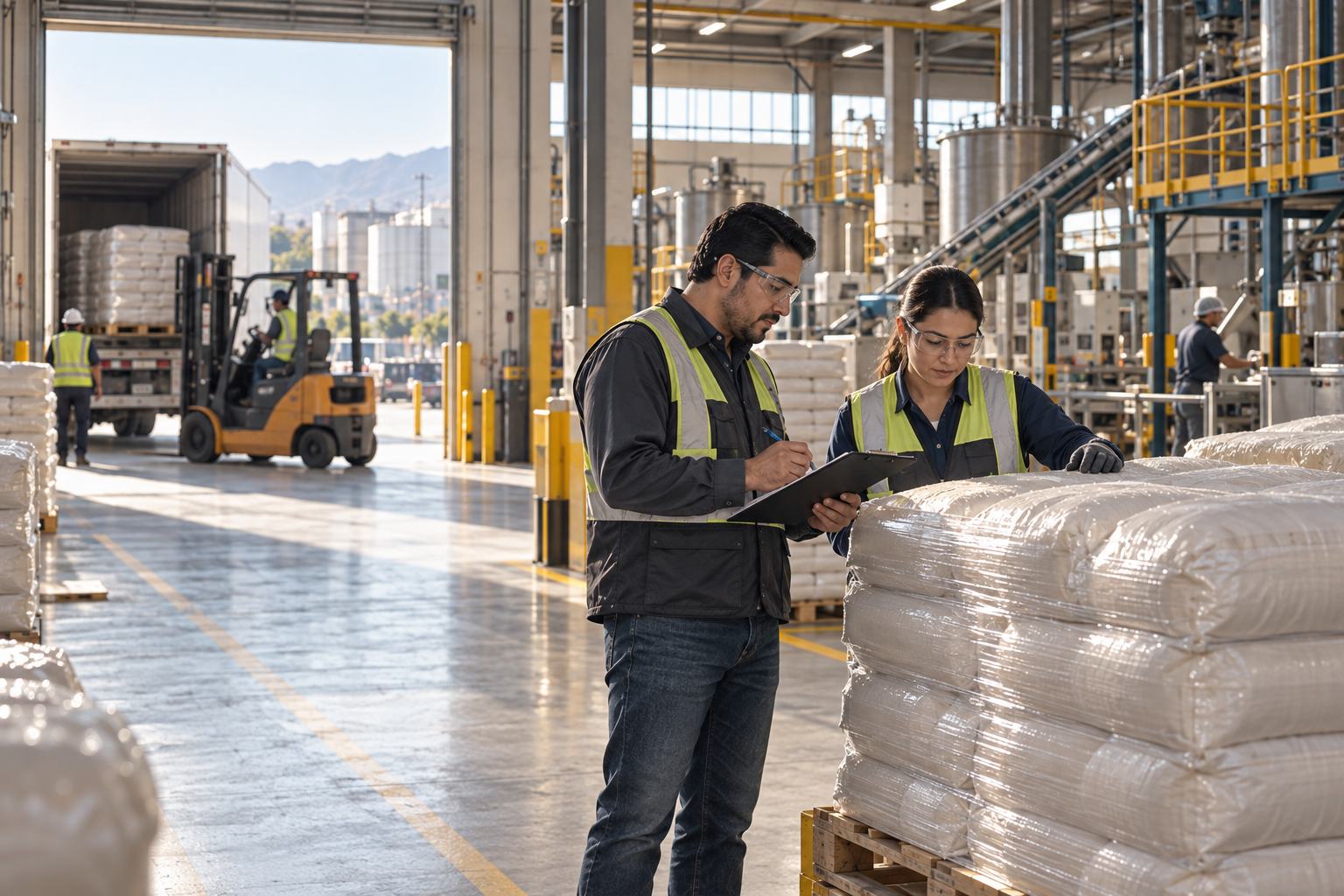 Revisión de sacos de insumo industrial en un almacén