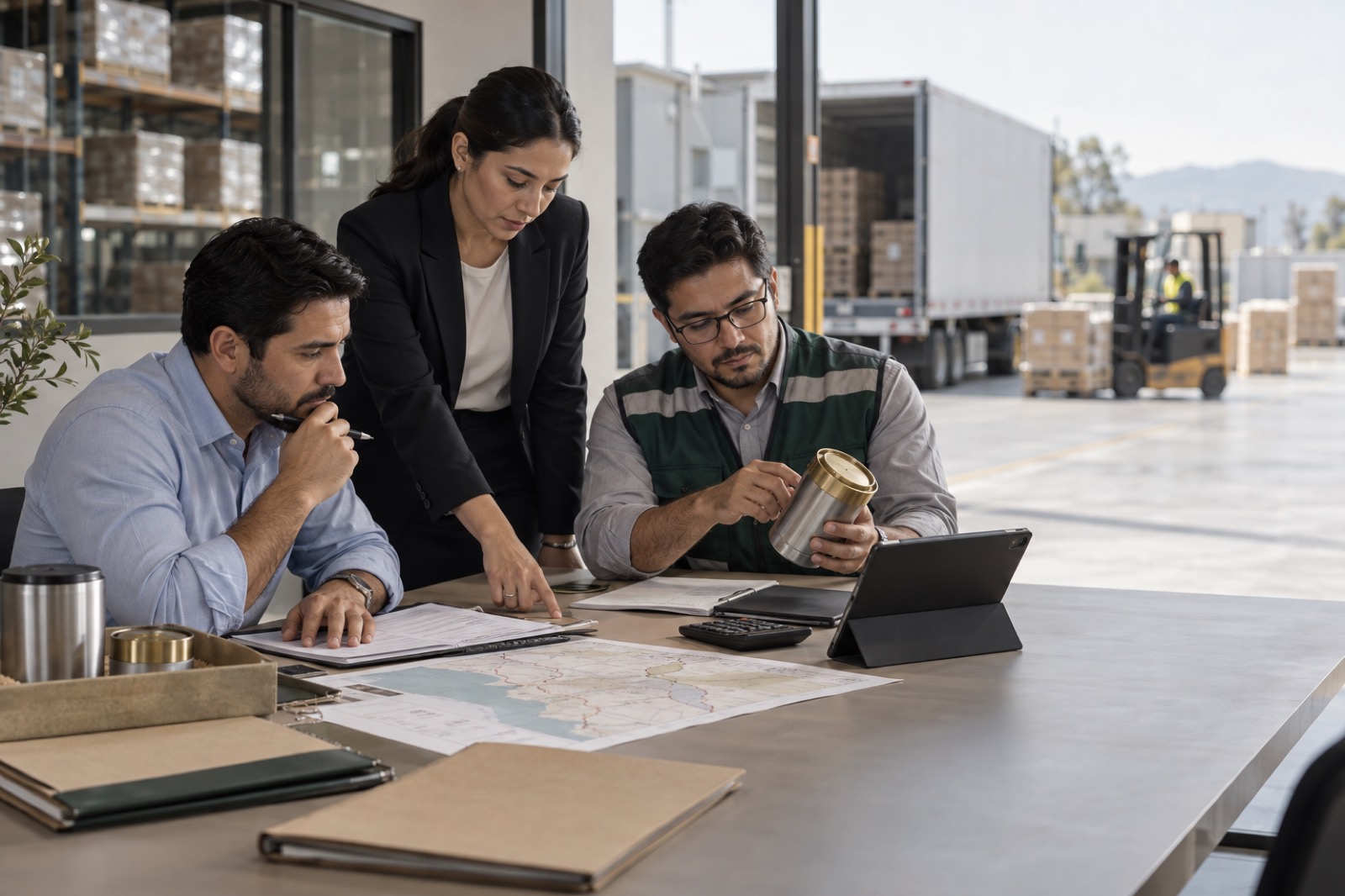 Equipo evaluando una operación con mapa de rutas y muestras de producto