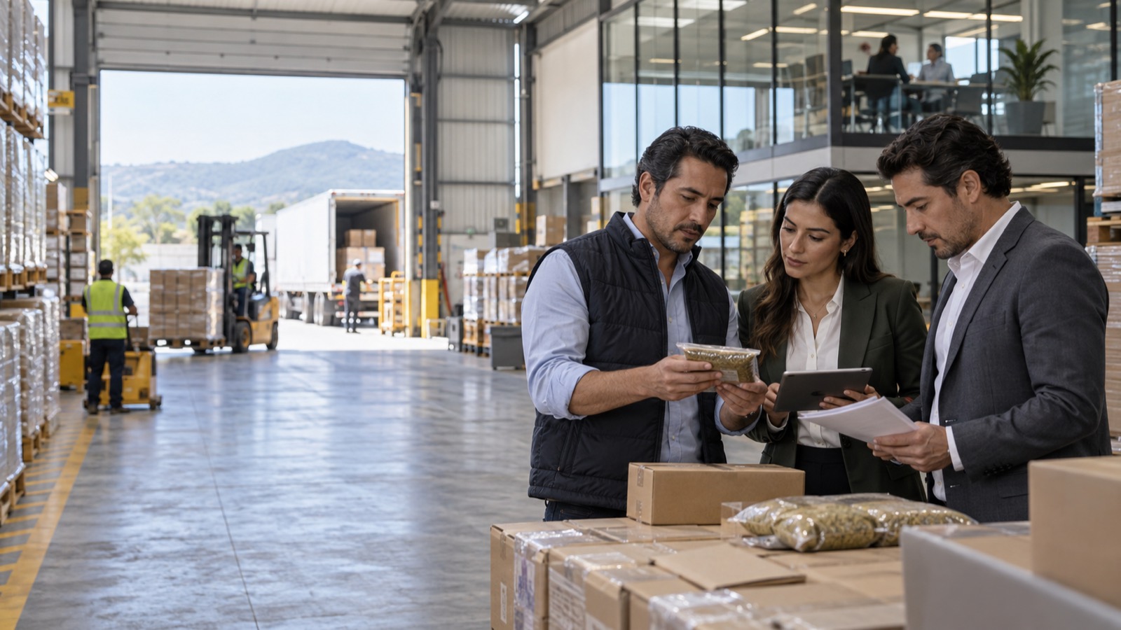 Equipo revisando mercancía en un almacén de distribución