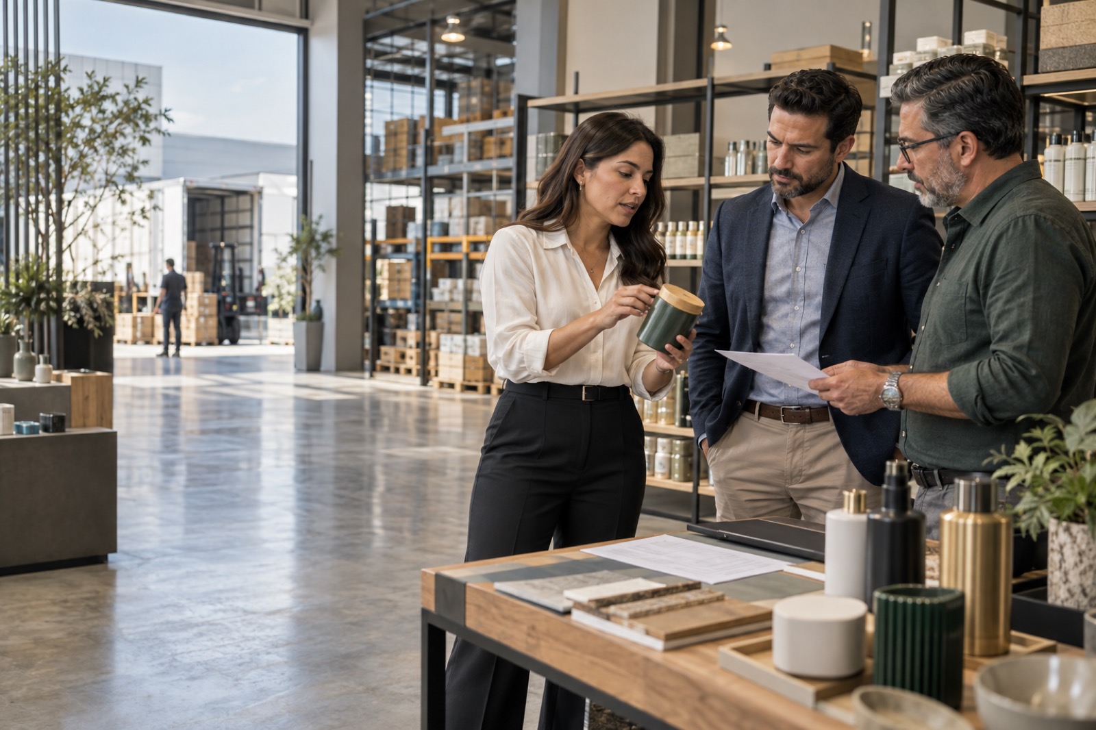 Revisión de muestras de producto de consumo en un showroom comercial